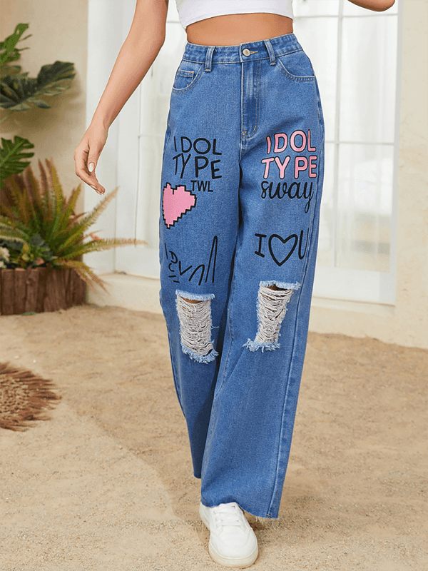 Pink graffiti print street retro loose ripped denim jeans - 808Lush