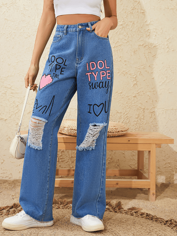 Pink graffiti print street retro loose ripped denim jeans - 808Lush