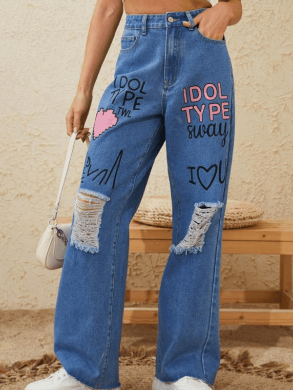 Pink graffiti print street retro loose ripped denim jeans - 808Lush