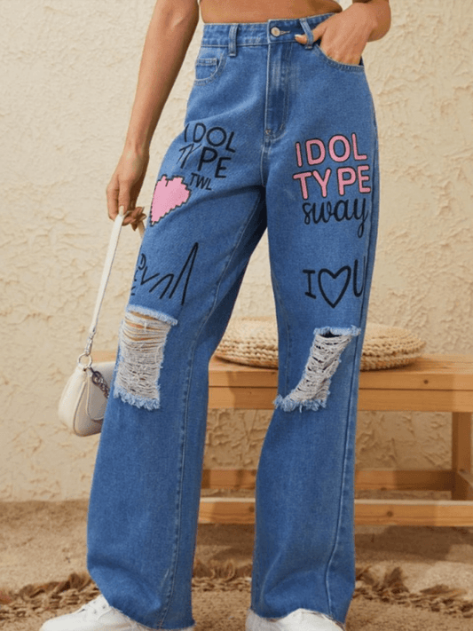 Pink graffiti print street retro loose ripped denim jeans