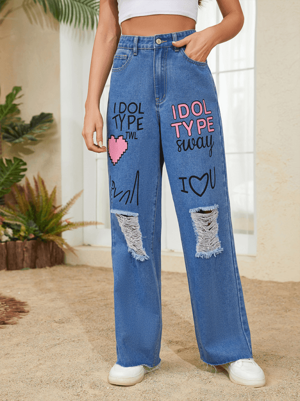 Pink graffiti print street retro loose ripped denim jeans - 808Lush