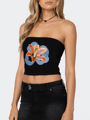 Women's street flower print sexy belly-baring top