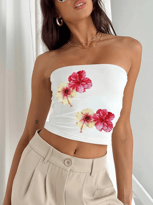 Women's street flower print sexy belly-baring top