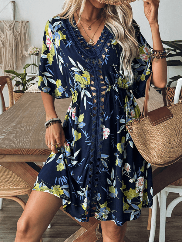 printed beach dress hand hook beaded stitching hollow dress - 808Lush