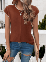 Spring and summer women's casual short-sleeved contrasting color sweater