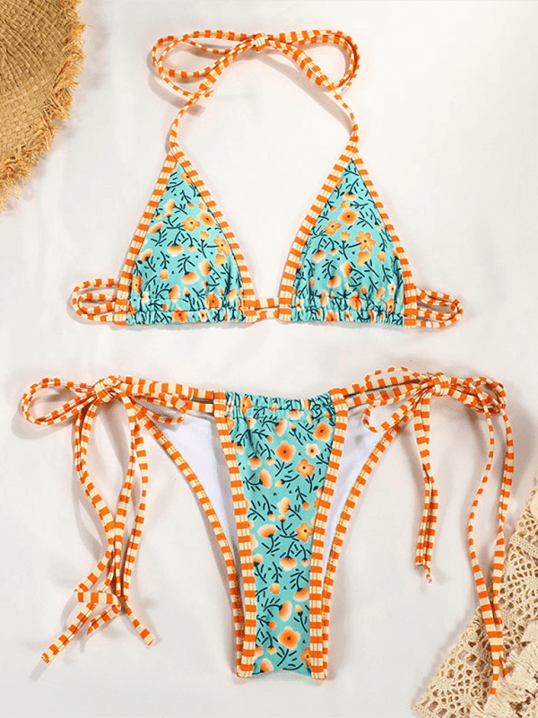 contrast color print strappy sexy bikini - 808Lush