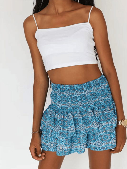 pleated ruffled floral mini skirt