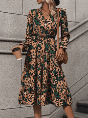 mid-length long-sleeved leopard print dress