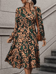 mid-length long-sleeved leopard print dress