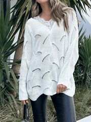 Women's lace stitching mid-length white sweater