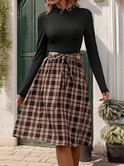 stand-up collar slim fit elegant plaid long skirt splicing dress