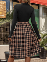 stand-up collar slim fit elegant plaid long skirt splicing dress