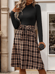 stand-up collar slim fit elegant plaid long skirt splicing dress