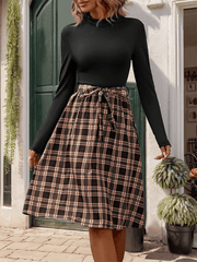 stand-up collar slim fit elegant plaid long skirt splicing dress