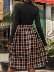 stand-up collar slim fit elegant plaid long skirt splicing dress