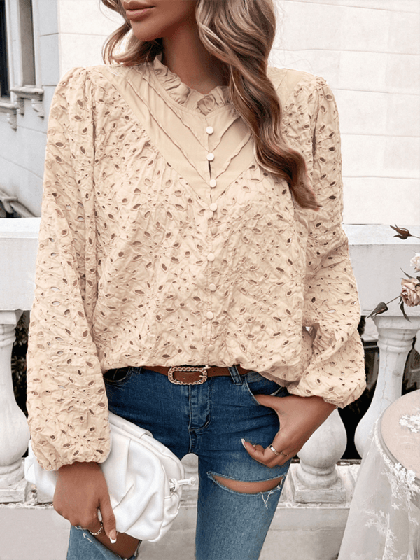 Women's hollow puff sleeve embroidered top