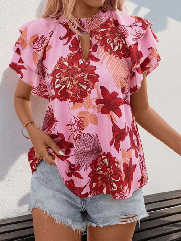 Women's ruffled sleeve printed shirt