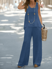 Women's Casual Solid Color Tops Wide Leg Pants Set - 808Lush