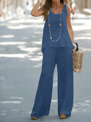 Women's Casual Solid Color Tops Wide Leg Pants Set - 808Lush