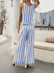 Women's short-sleeved pullover casual striped wide-leg suit - 808Lush