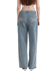 Bow Embroidered Casual Non-Stretch Straight Trousers