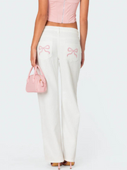 Bow Embroidered Casual Non-Stretch Straight Trousers