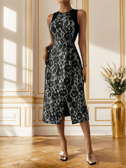 elegant high waist sleeveless printed slit dress