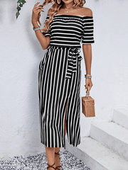 one-shoulder striped short-sleeved dress