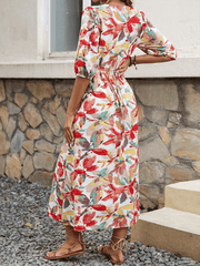 Button A-Line V-Neck Floral Print Dress