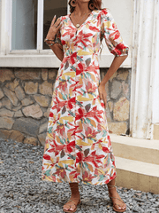 Button A-Line V-Neck Floral Print Dress