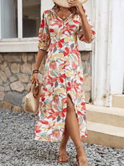 Button A-Line V-Neck Floral Print Dress