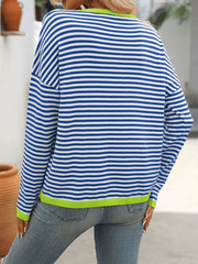 Women's round neck striped contrast color long sleeve casual sweater