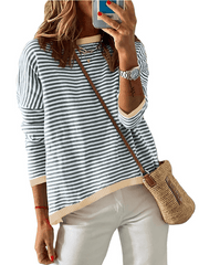 Women's round neck striped contrast color long sleeve casual sweater