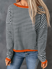 Women's round neck striped contrast color long sleeve casual sweater