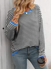 Women's round neck striped contrast color long sleeve casual sweater