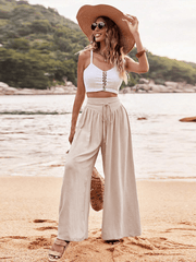 Simple wide-leg casual pants style high waist elastic waist slightly flared trousers