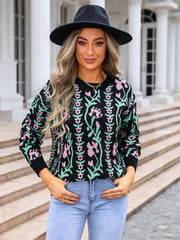 Ladies jacquard branch round neck flower knitted fashion sweater