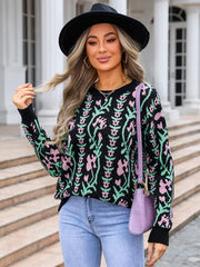 Ladies jacquard branch round neck flower knitted fashion sweater