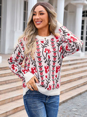 Ladies jacquard branch round neck flower knitted fashion sweater