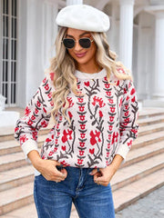 Ladies jacquard branch round neck flower knitted fashion sweater