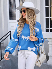 Ladies round neck long sleeve knitted cardigan bow sweater