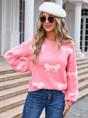 Ladies round neck long sleeve knitted cardigan bow sweater