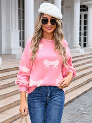 Ladies round neck long sleeve knitted cardigan bow sweater