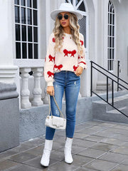 Ladies round neck long sleeve knitted cardigan bow sweater