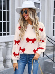 Ladies round neck long sleeve knitted cardigan bow sweater