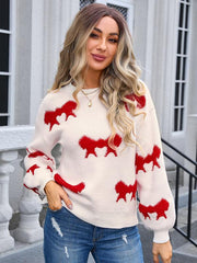 Ladies round neck long sleeve knitted cardigan bow sweater