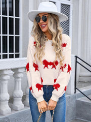 Ladies round neck long sleeve knitted cardigan bow sweater