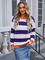 Ladies round neck long sleeve striped sweater