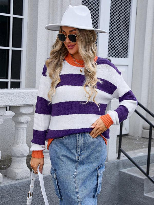 Ladies round neck long sleeve striped sweater