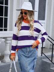 Ladies round neck long sleeve striped sweater